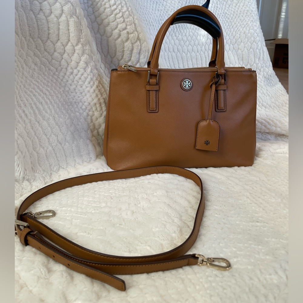 Tory Burch Robinson Saffiano Leather Satchel Tan Gold Hardware Crossbody